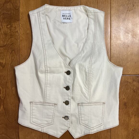 Anthropologie Belle Vere Cream Denim Vest Size S Ivory Boho Country Fitted - Picture 2 of 10